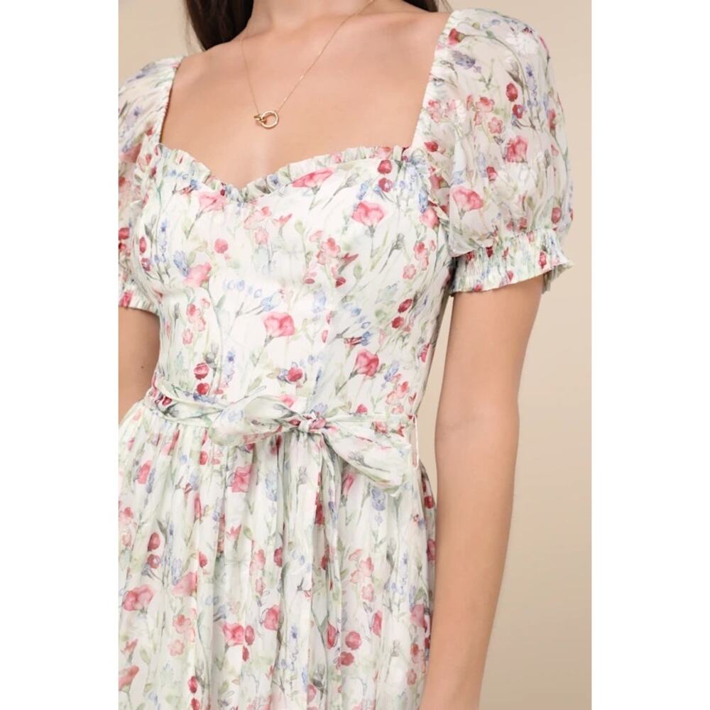NWT Lulus Galiena Ivory Floral Tiered Puff Sleeve Midi Dress L - Picture 3 of 4